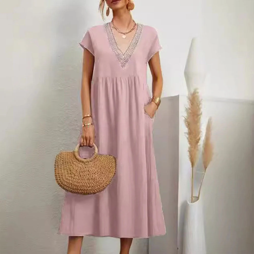 Heidi-Mode | Kleid mit V-Ausschnitt und Spitzensaum Aus Baumwolle und Leinen In Unifarbe - Image 13