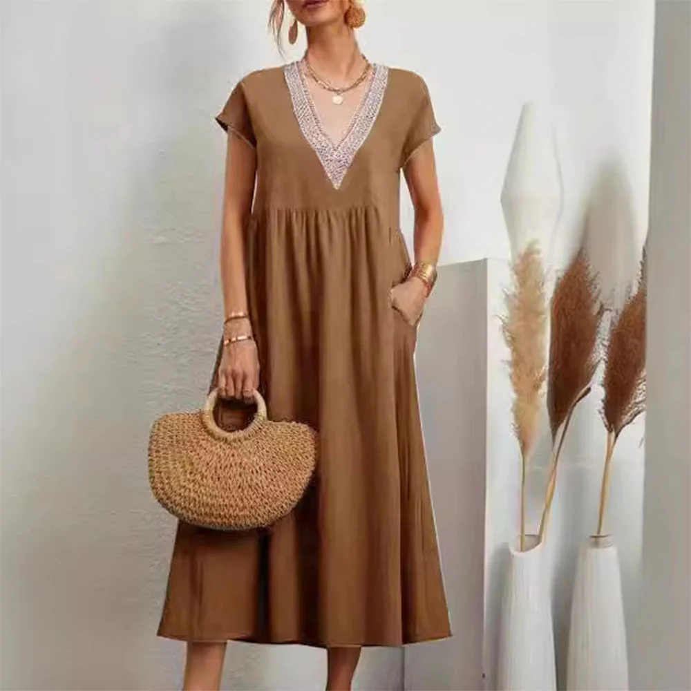 Heidi-Mode | Kleid mit V-Ausschnitt und Spitzensaum Aus Baumwolle und Leinen In Unifarbe - Image 15