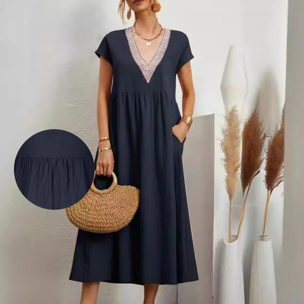 Heidi-Mode | Kleid mit V-Ausschnitt und Spitzensaum Aus Baumwolle und Leinen In Unifarbe - Image 7