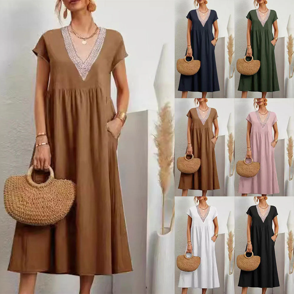 Heidi-Mode | Kleid mit V-Ausschnitt und Spitzensaum Aus Baumwolle und Leinen In Unifarbe - Image 8