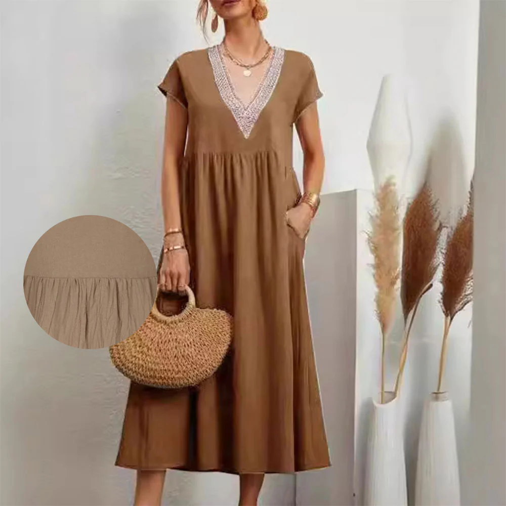 Heidi-Mode | Kleid mit V-Ausschnitt und Spitzensaum Aus Baumwolle und Leinen In Unifarbe - Image 9