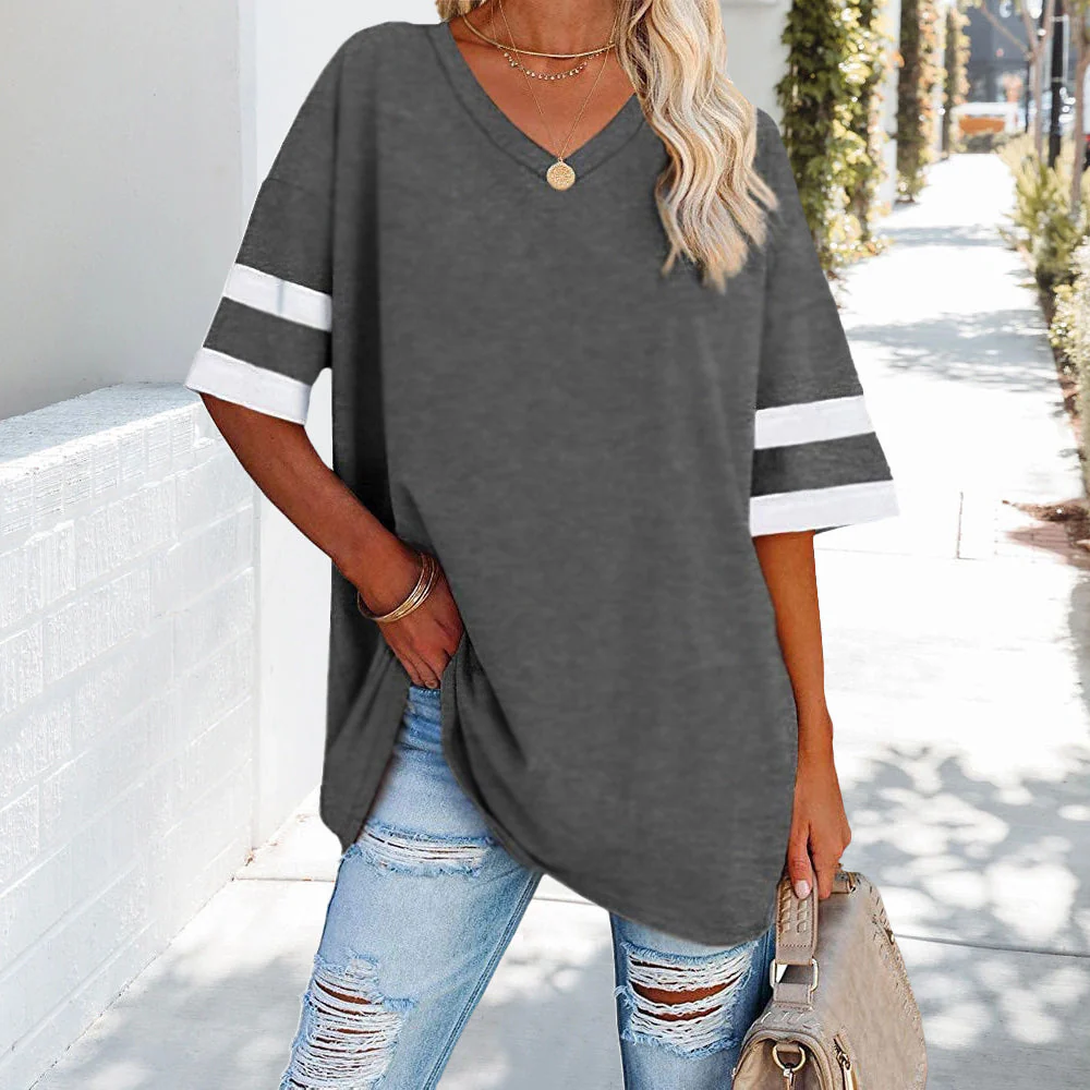 Heidi-Mode | Kontrastfarbenes, Lockeres Damen-T-Shirt mit V-Ausschnitt - Image 2