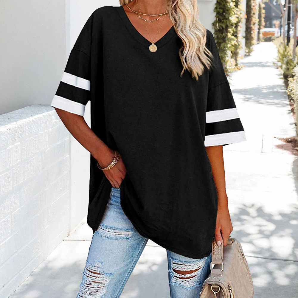 Heidi-Mode | Kontrastfarbenes, Lockeres Damen-T-Shirt mit V-Ausschnitt - Image 3