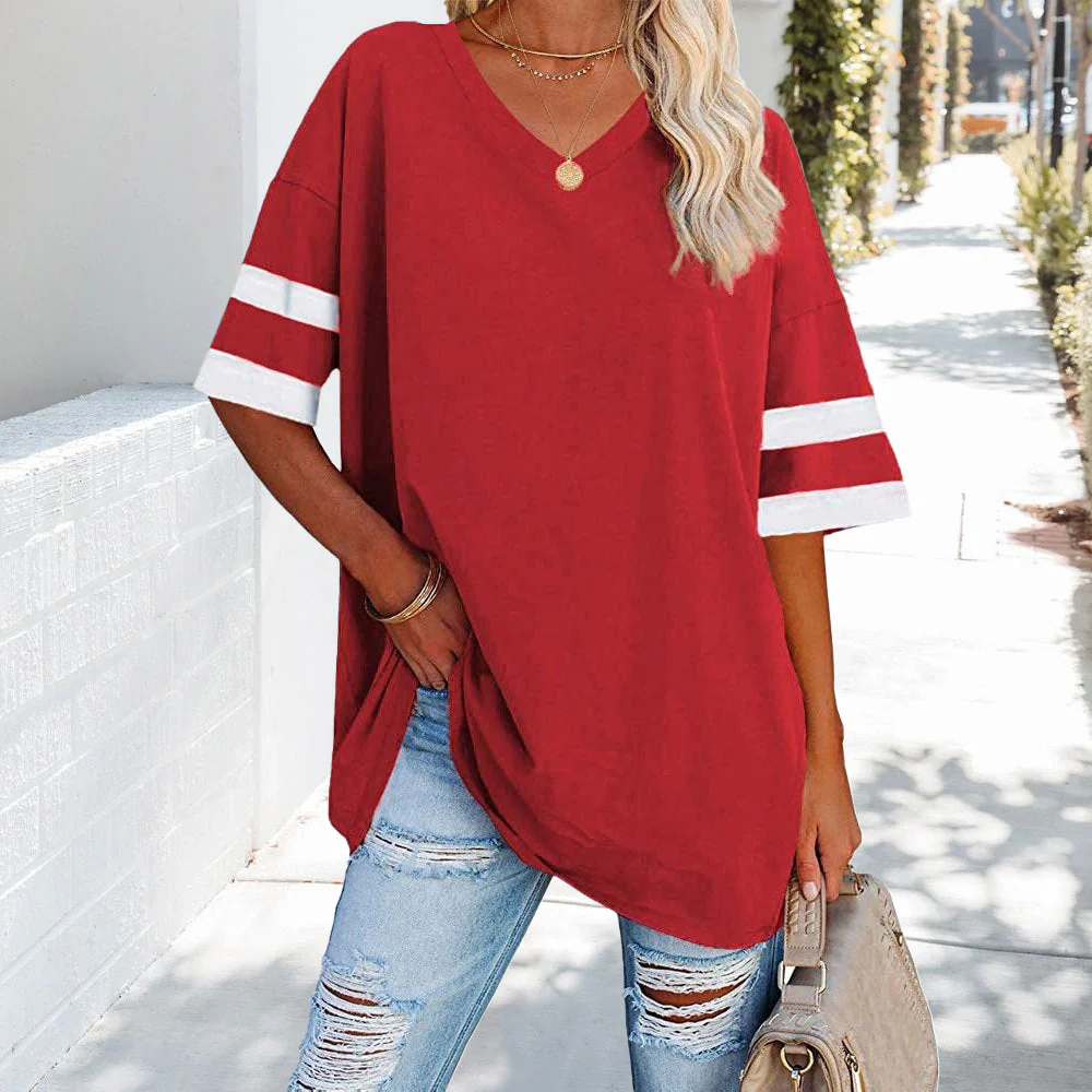 Heidi-Mode | Kontrastfarbenes, Lockeres Damen-T-Shirt mit V-Ausschnitt - Image 6