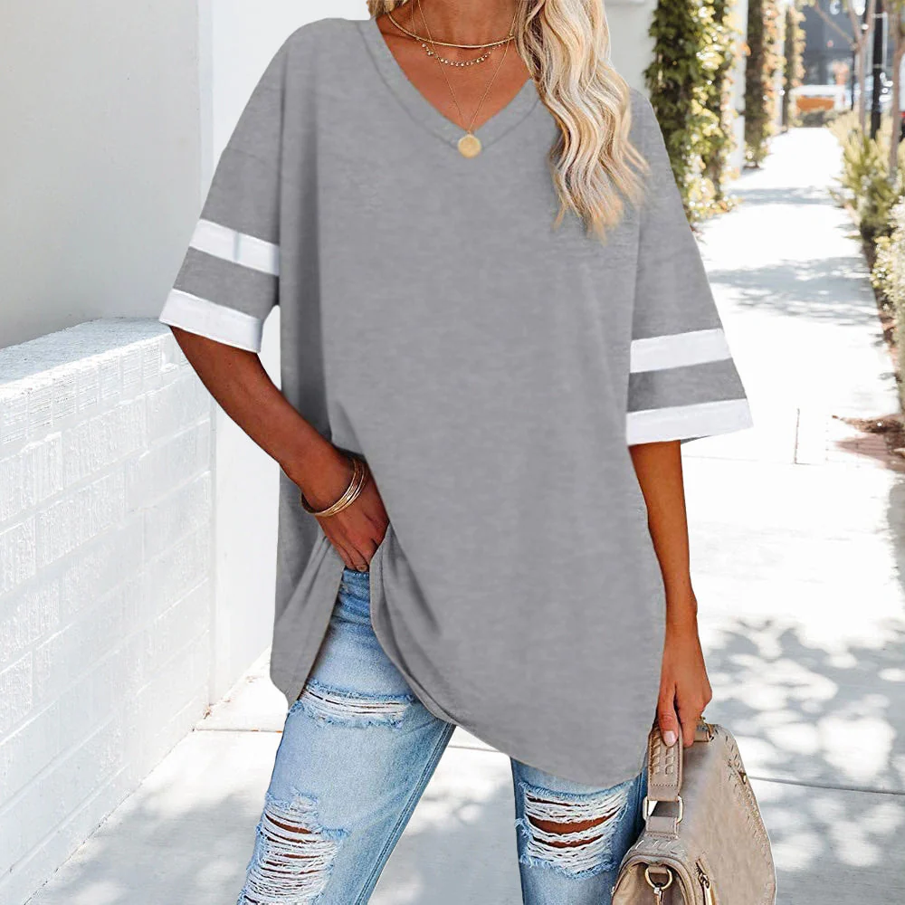 Heidi-Mode | Kontrastfarbenes, Lockeres Damen-T-Shirt mit V-Ausschnitt - Image 9