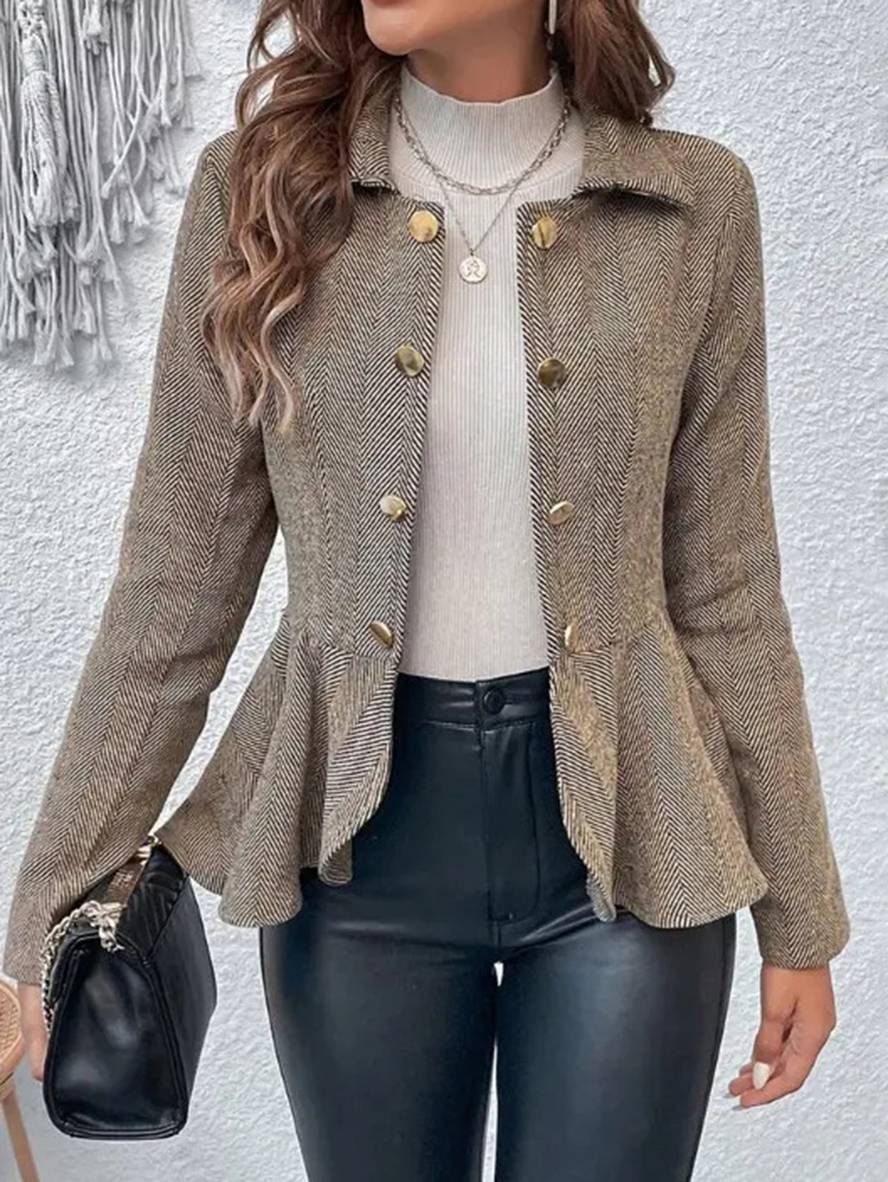 Heidi-Mode | Kurzer Blazer Chevron Peplum Doppelter Knopf Verschluss Reverskragen Lange Ärmel Damen Elegant Lässig Jacke - Image 10