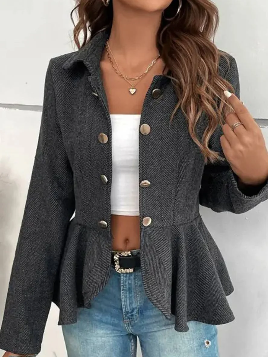 Heidi-Mode | Kurzer Blazer Chevron Peplum Doppelter Knopf Verschluss Reverskragen Lange Ärmel Damen Elegant Lässig Jacke - Image 11