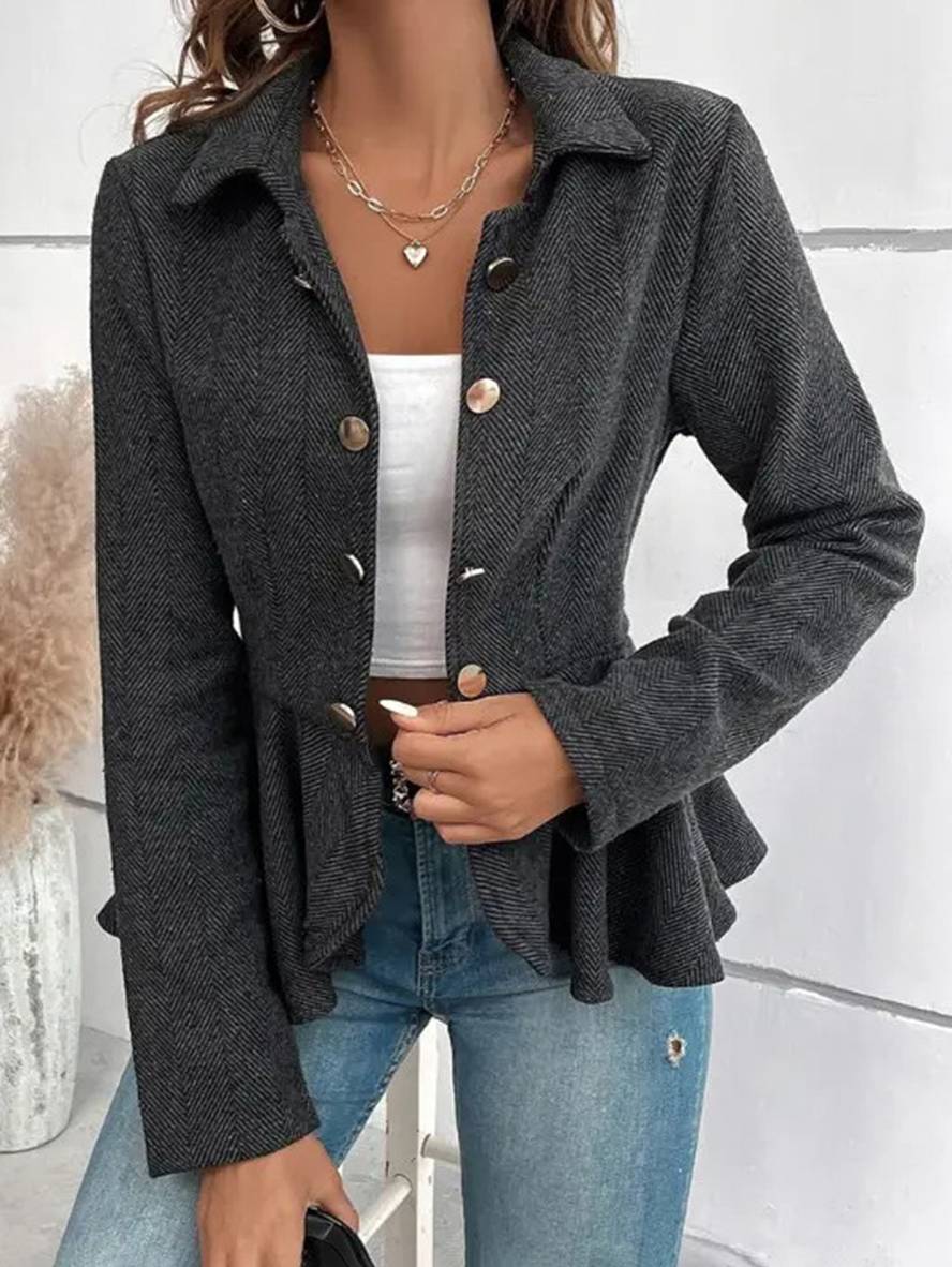 Heidi-Mode | Kurzer Blazer Chevron Peplum Doppelter Knopf Verschluss Reverskragen Lange Ärmel Damen Elegant Lässig Jacke - Image 4
