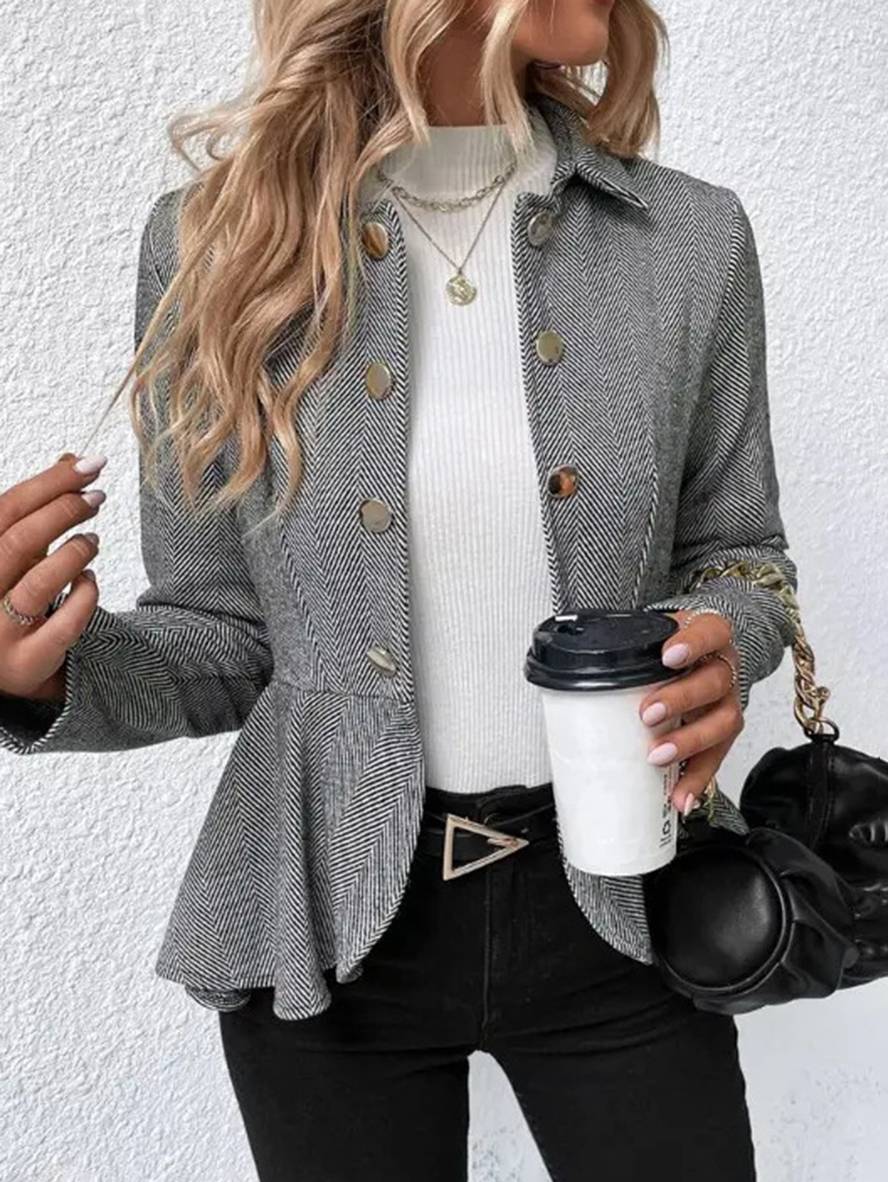 Heidi-Mode | Kurzer Blazer Chevron Peplum Doppelter Knopf Verschluss Reverskragen Lange Ärmel Damen Elegant Lässig Jacke - Image 7