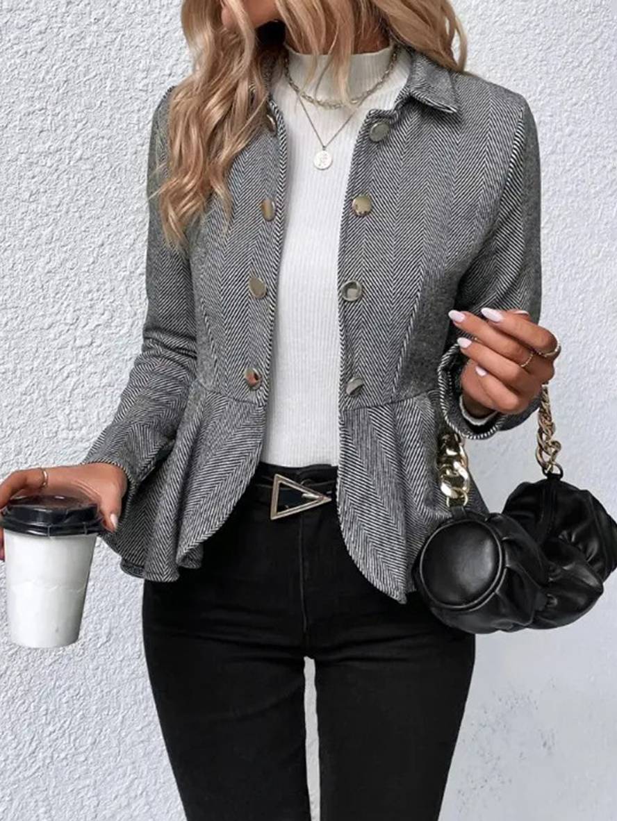 Heidi-Mode | Kurzer Blazer Chevron Peplum Doppelter Knopf Verschluss Reverskragen Lange Ärmel Damen Elegant Lässig Jacke - Image 8