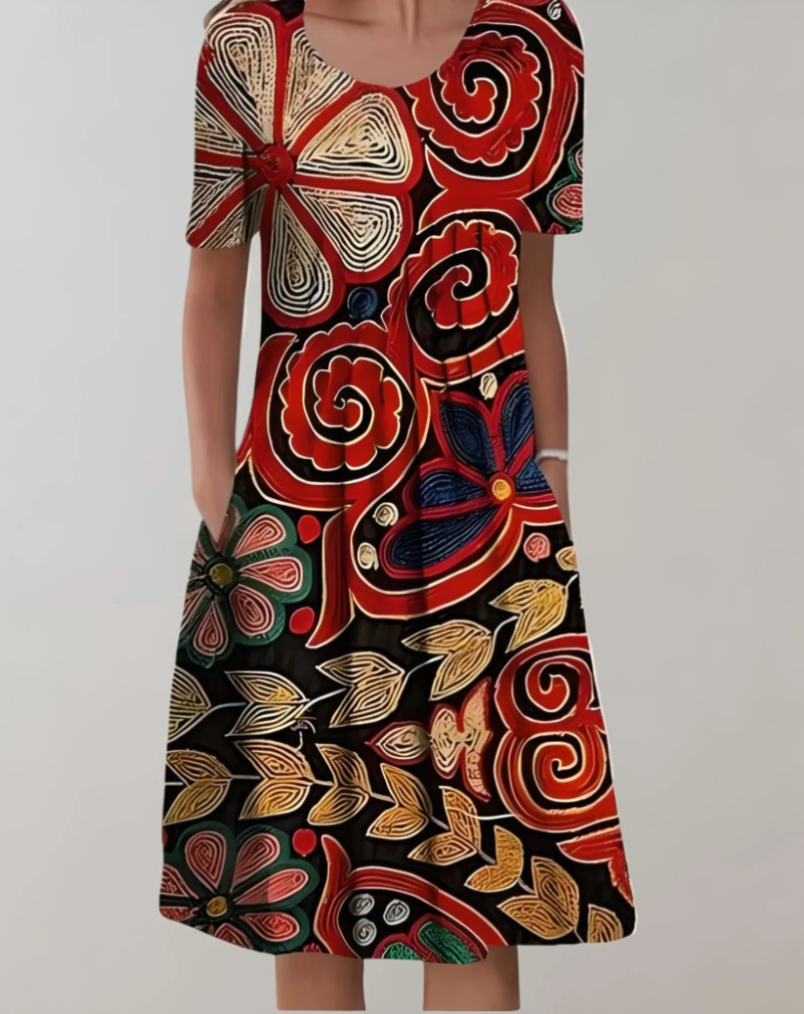 Heidi-Mode | Kurze Ärmel, Lockeres Midikleid mit Blumenmuster und Taschen - Image 2