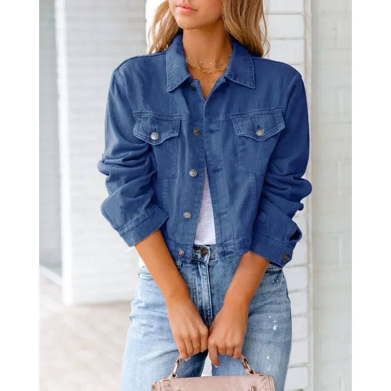 Heidi-Mode | Kurze Taschenjacke Mode Streetwear Einfache Knopf Trend Frauen Denim Jacken Lange Ärmel Herbst Neu Denim Denim Jacken - Image 4