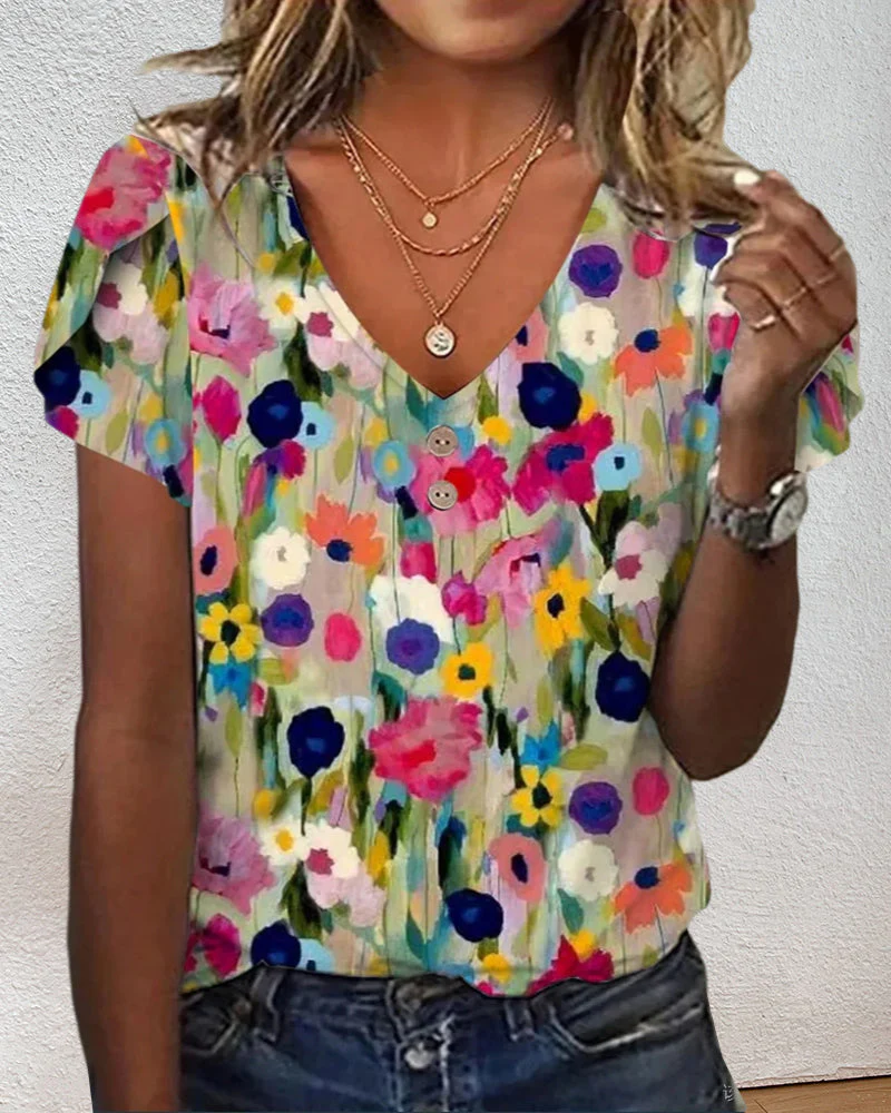 Heidi-Mode | Kurzärmlige Farbenfrohe Blumenbluse mit V-Ausschnitt - Image 2