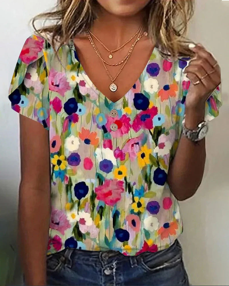 Heidi-Mode | Kurzärmlige Farbenfrohe Blumenbluse mit V-Ausschnitt - Image 4