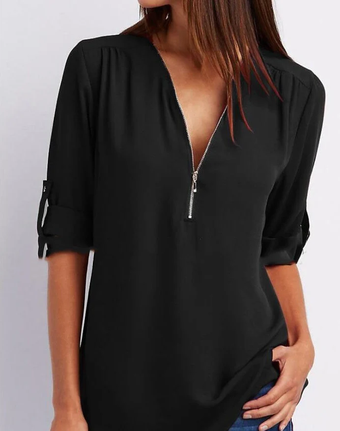 Heidi-Mode | Kurzarmshirt mit Reißverschluss und V-Ausschnitt - Lockere Oberteile - Image 11