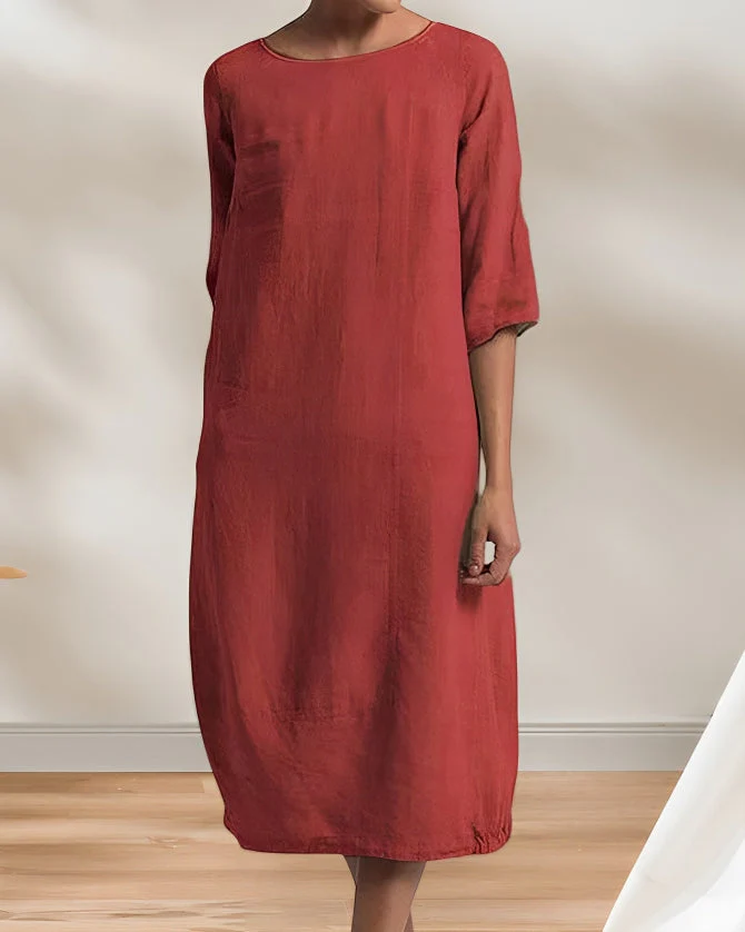 Heidi-Mode | Ladies Lässig Leinen Look Einfaches Midikleid - Image 2