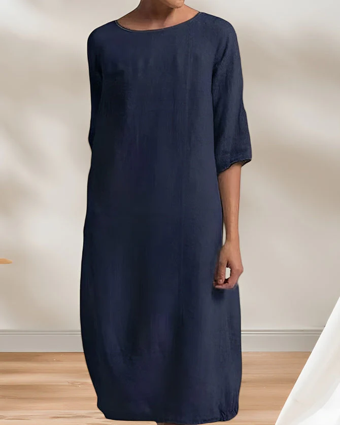 Heidi-Mode | Ladies Lässig Leinen Look Einfaches Midikleid - Image 7