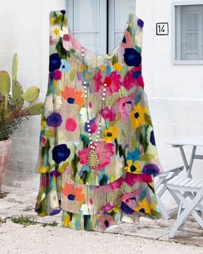 Heidi-Mode | Geschichtetes Ärmelloses Oberteil mit Blumenmotiv - Image 3