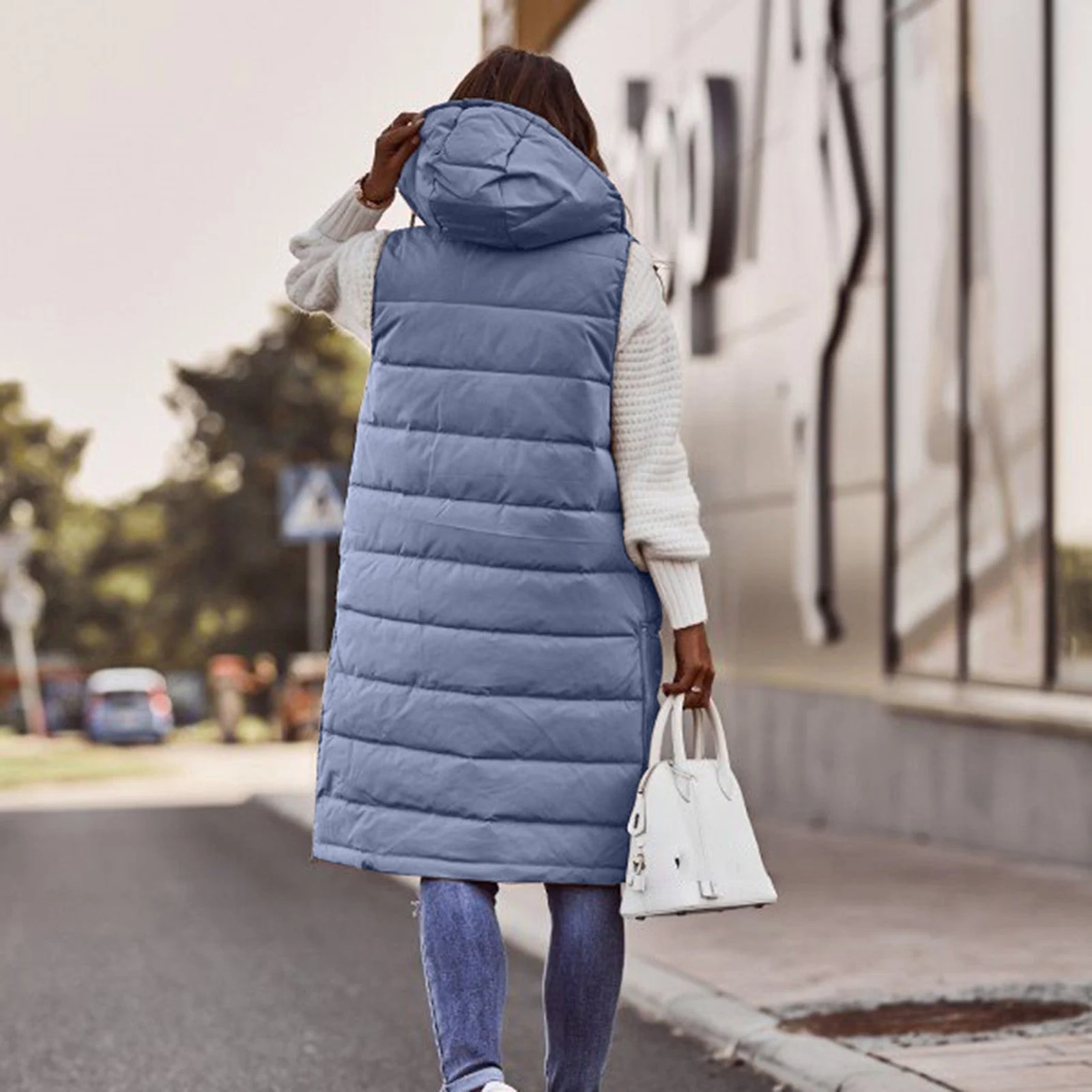 Heidi-Mode | Lange Gep Padded Weste Übergröße Passform Kapuze Ärmelloser Steppkomfort