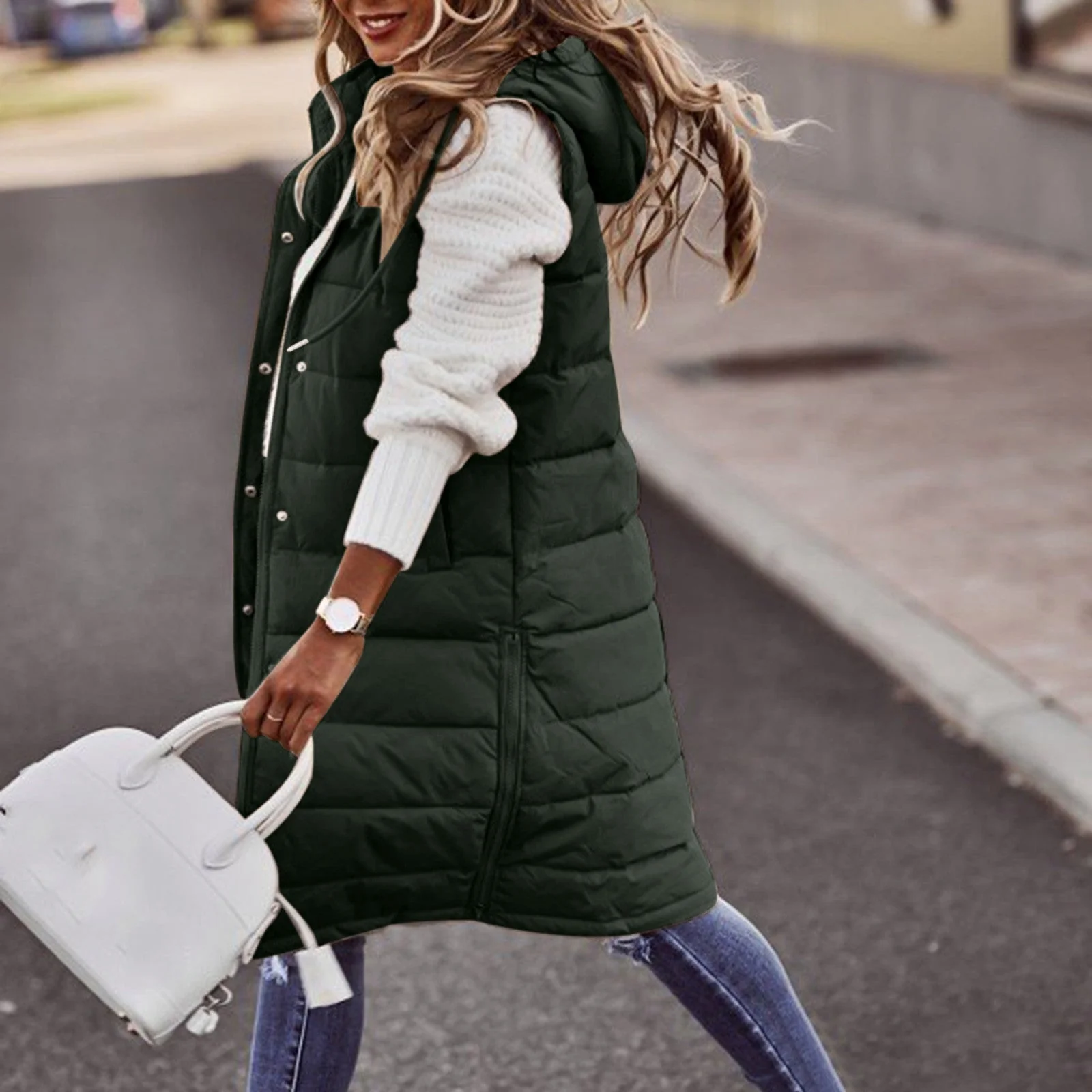 Heidi-Mode | Lange Gep Padded Weste Übergröße Passform Kapuze Ärmelloser Steppkomfort - Image 3