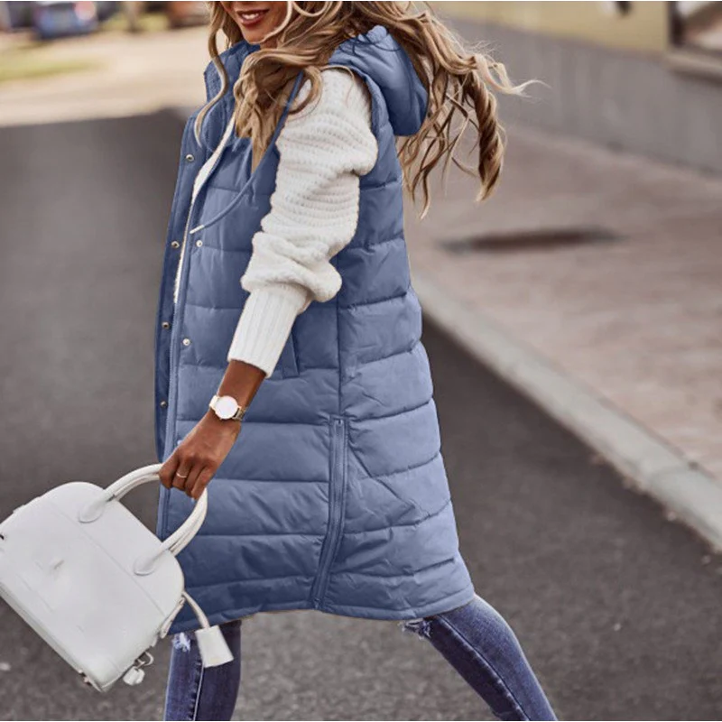 Heidi-Mode | Lange Gep Padded Weste Übergröße Passform Kapuze Ärmelloser Steppkomfort - Image 7
