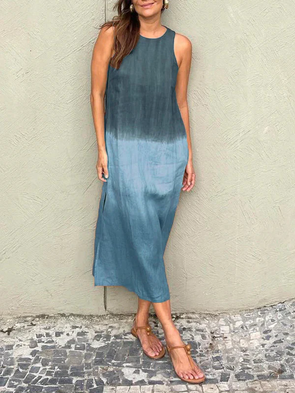 Heidi-Mode | Lange, Ärmellose, Lockere Kleid Aus Baumwolle und Leinen mit Gedämpftem Tie Dye Schlitz für Frauen - Image 5