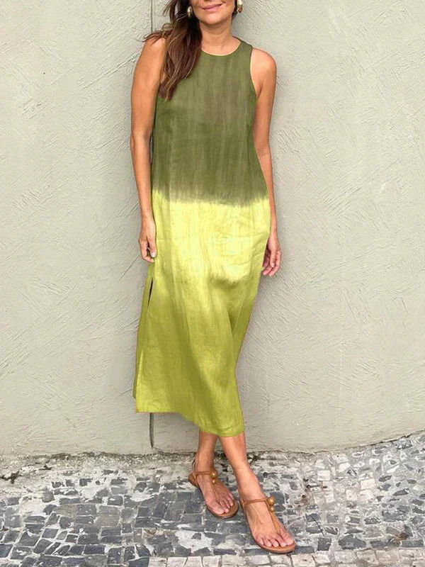 Heidi-Mode | Lange, Ärmellose, Lockere Kleid Aus Baumwolle und Leinen mit Gedämpftem Tie Dye Schlitz für Frauen - Image 7