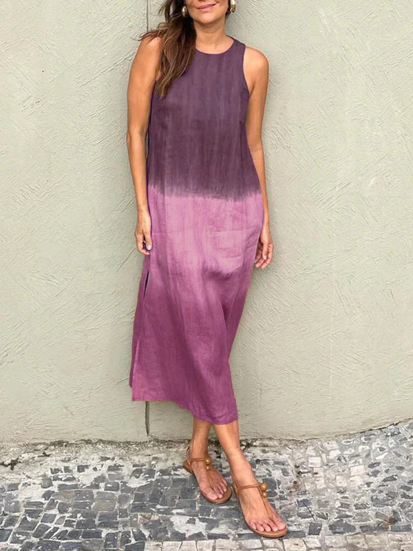 Heidi-Mode | Lange, Ärmellose, Lockere Kleid Aus Baumwolle und Leinen mit Gedämpftem Tie Dye Schlitz für Frauen - Image 8