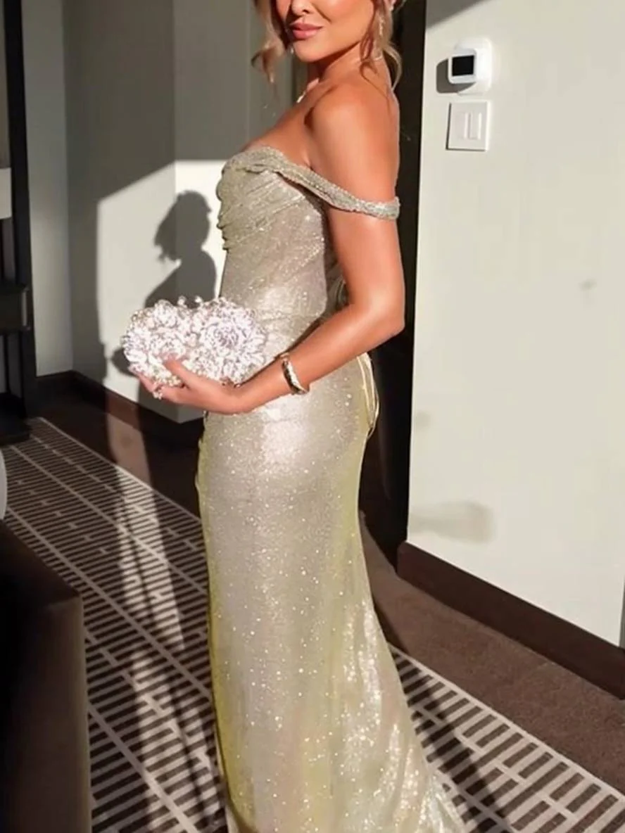 Heidi-Mode | Langes Kleid Glänzende Pailletten Boot-Ausschnitt Unregelmäßiger Schlitz Seitlich Ärmellos Elegant Abend für Hochzeit - Image 4
