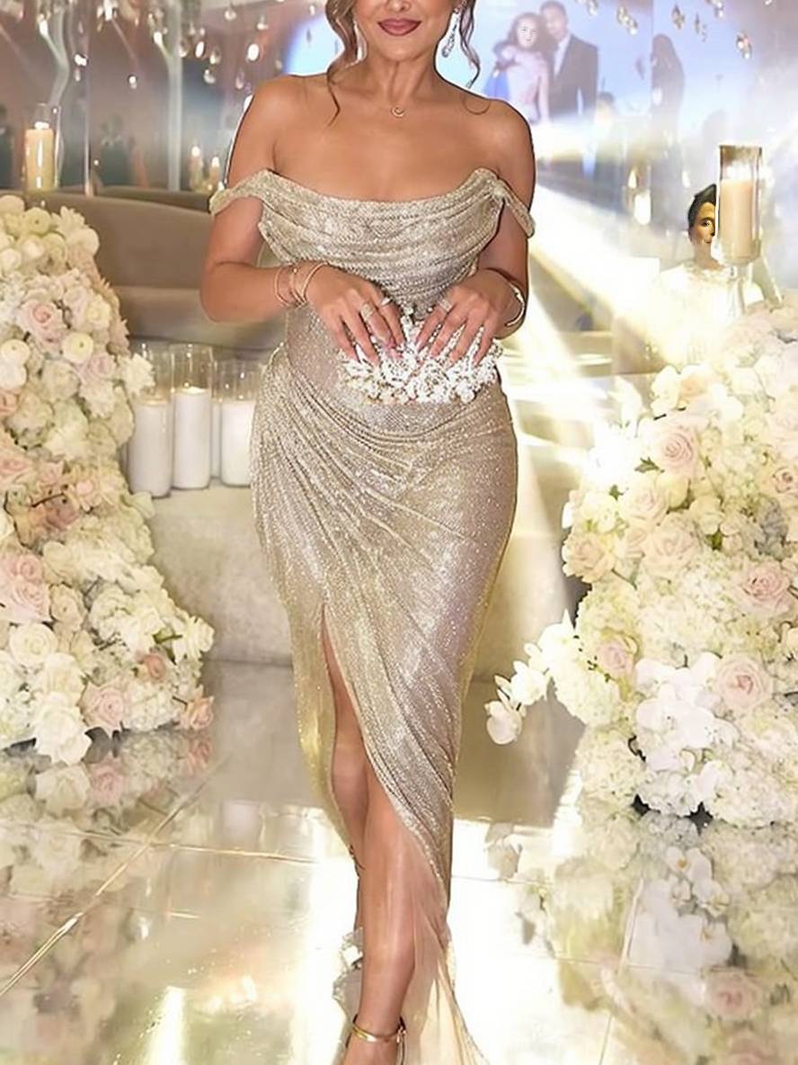 Heidi-Mode | Langes Kleid Glänzende Pailletten Boot-Ausschnitt Unregelmäßiger Schlitz Seitlich Ärmellos Elegant Abend für Hochzeit - Image 5
