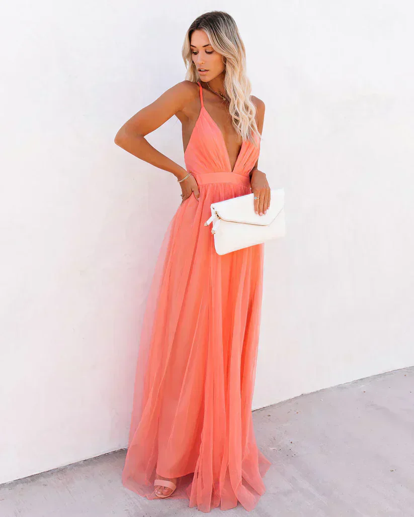Heidi-Mode | Langes Kleid Tiefer V-Ausschnitt Spaghetti Träger Fließender Leichter Stoff - Image 3