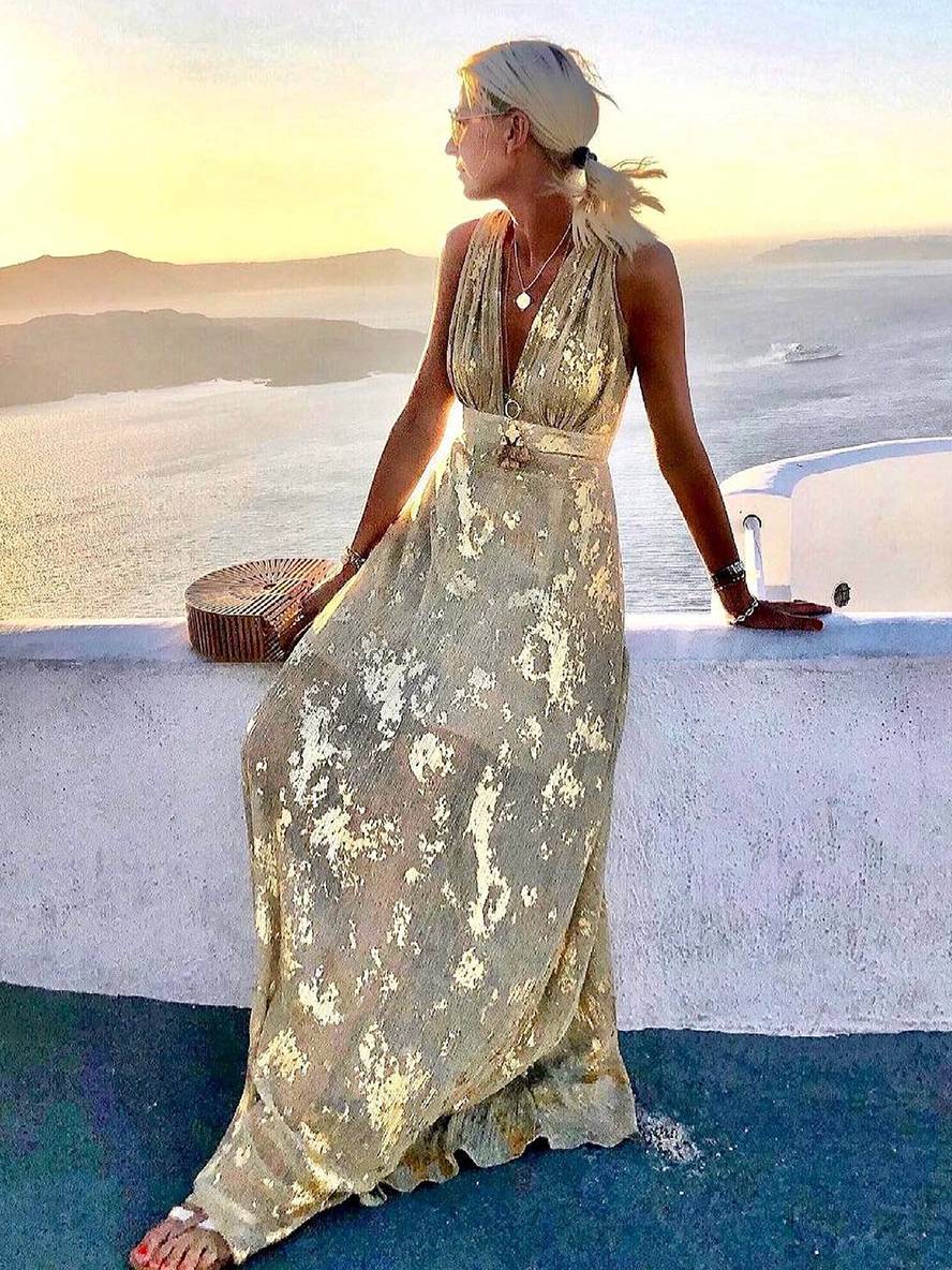 Heidi-Mode | Langes Kleid Bronzage Glänzend Pailletten V-Ausschnitt Ohne Ärmel Elegante Damen Abendkleid Strand - Image 2