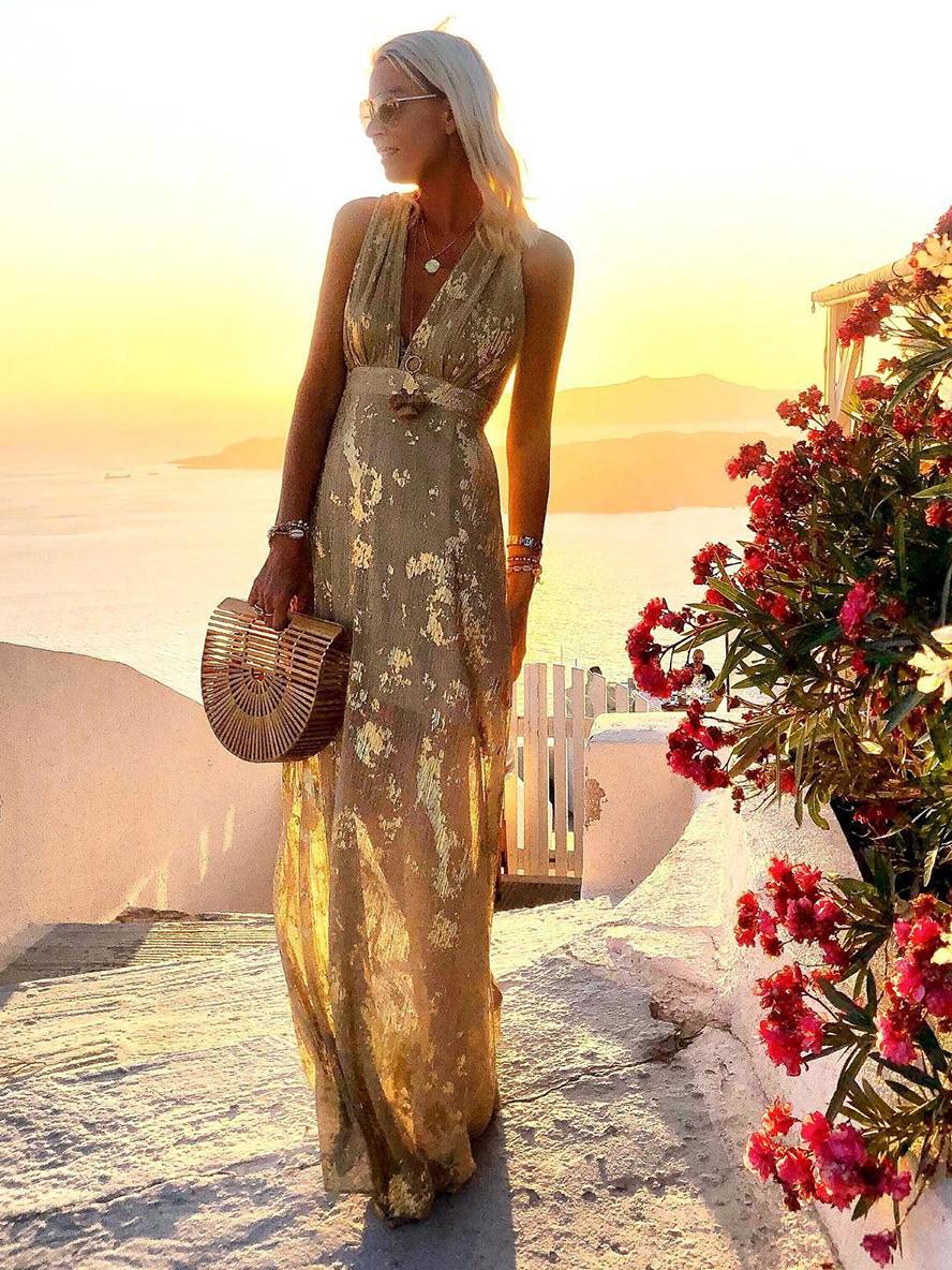 Heidi-Mode | Langes Kleid Bronzage Glänzend Pailletten V-Ausschnitt Ohne Ärmel Elegante Damen Abendkleid Strand - Image 4