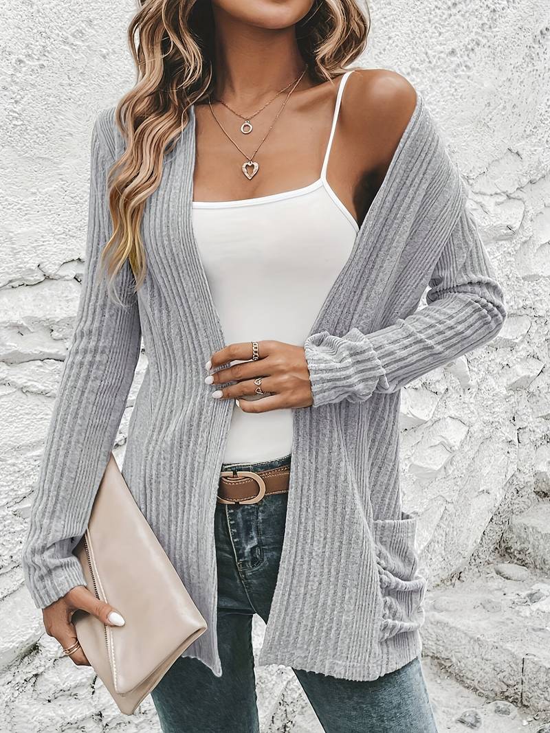 Heidi-Mode | Langärmliger Strickjacke mit Offener Vorderseite und Zwei Taschen