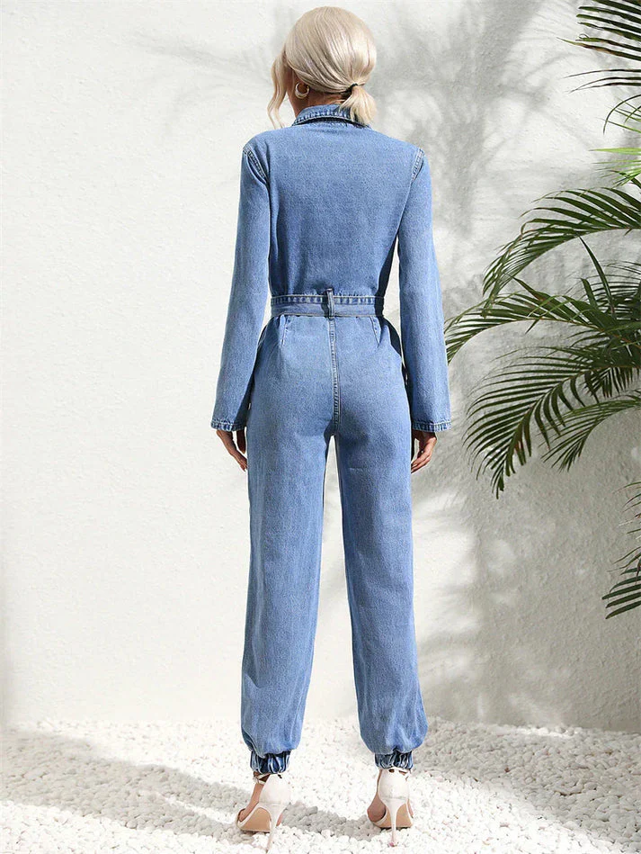 Heidi-Mode | Lässiger Denim-Jumpsuit mit Gürtel und Langen Ärmeln für Damen - Image 4