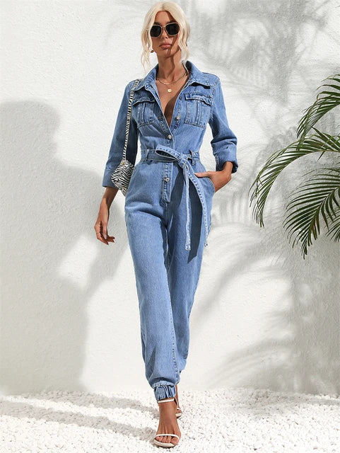 Heidi-Mode | Lässiger Denim-Jumpsuit mit Gürtel und Langen Ärmeln für Damen - Image 6