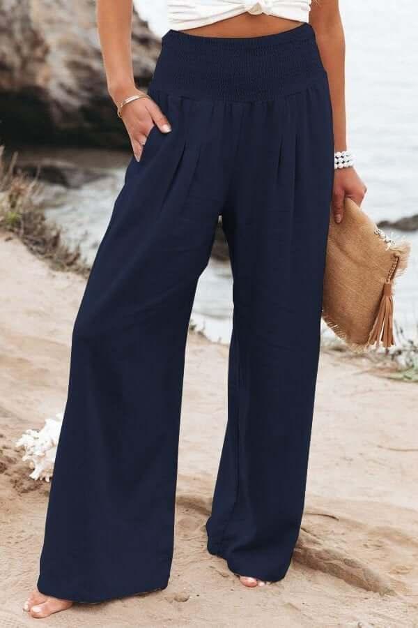 Heidi-Mode | Lässiger Komfort Weite Hose Aus Baumwoll-Leinen mit Hoher Taille Fließende Strandhose mit Gesmoktem Bund - Image 3