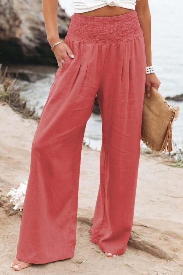 Heidi-Mode | Lässiger Komfort Weite Hose Aus Baumwoll-Leinen mit Hoher Taille Fließende Strandhose mit Gesmoktem Bund - Image 4