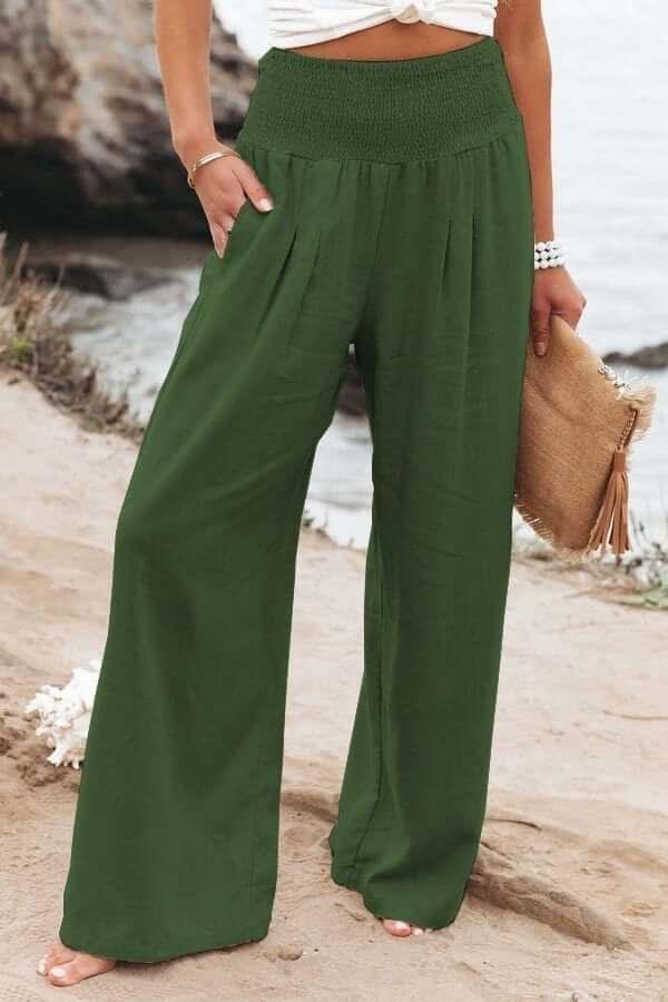 Heidi-Mode | Lässiger Komfort Weite Hose Aus Baumwoll-Leinen mit Hoher Taille Fließende Strandhose mit Gesmoktem Bund - Image 5