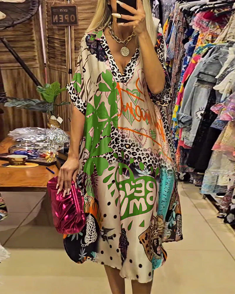 Heidi-Mode | Lässiges Kleid mit Tiefem V-Ausschnitt und Leoparden- und Buntem Aufdruck - Image 5