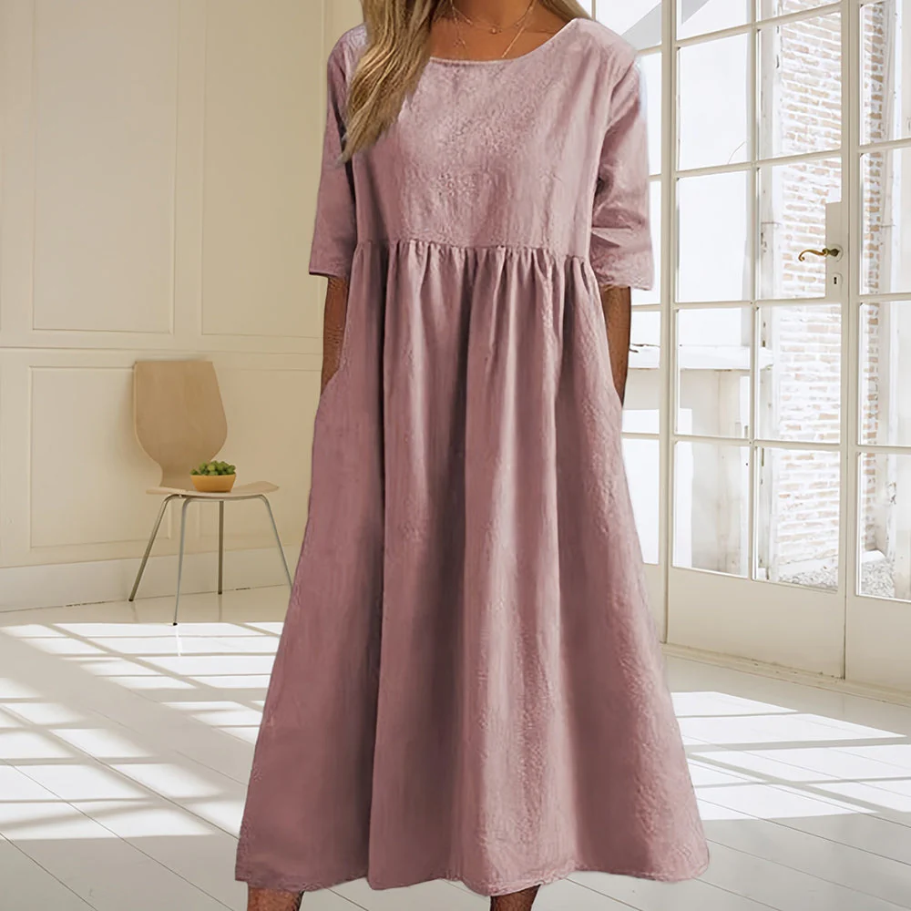 Heidi-Mode | Lässiges, Lockeres Sommerkleid Aus Baumwolle und Leinen mit Rundhalsausschnitt - Image 3