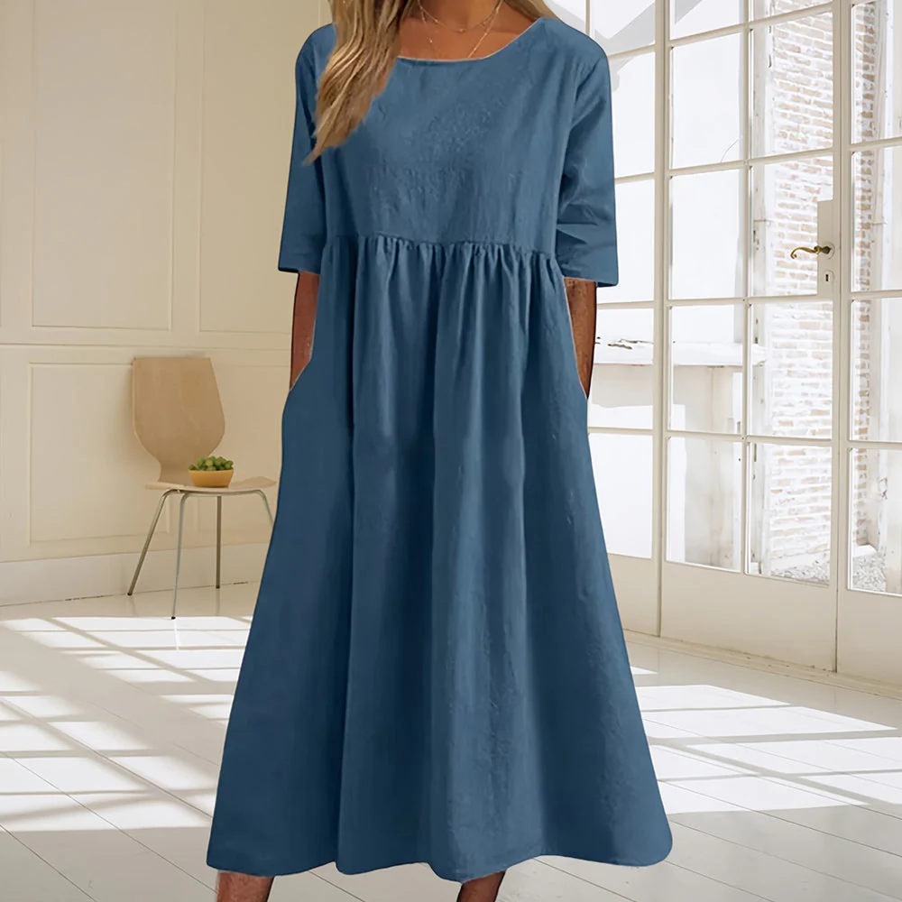Heidi-Mode | Lässiges, Lockeres Sommerkleid Aus Baumwolle und Leinen mit Rundhalsausschnitt - Image 4
