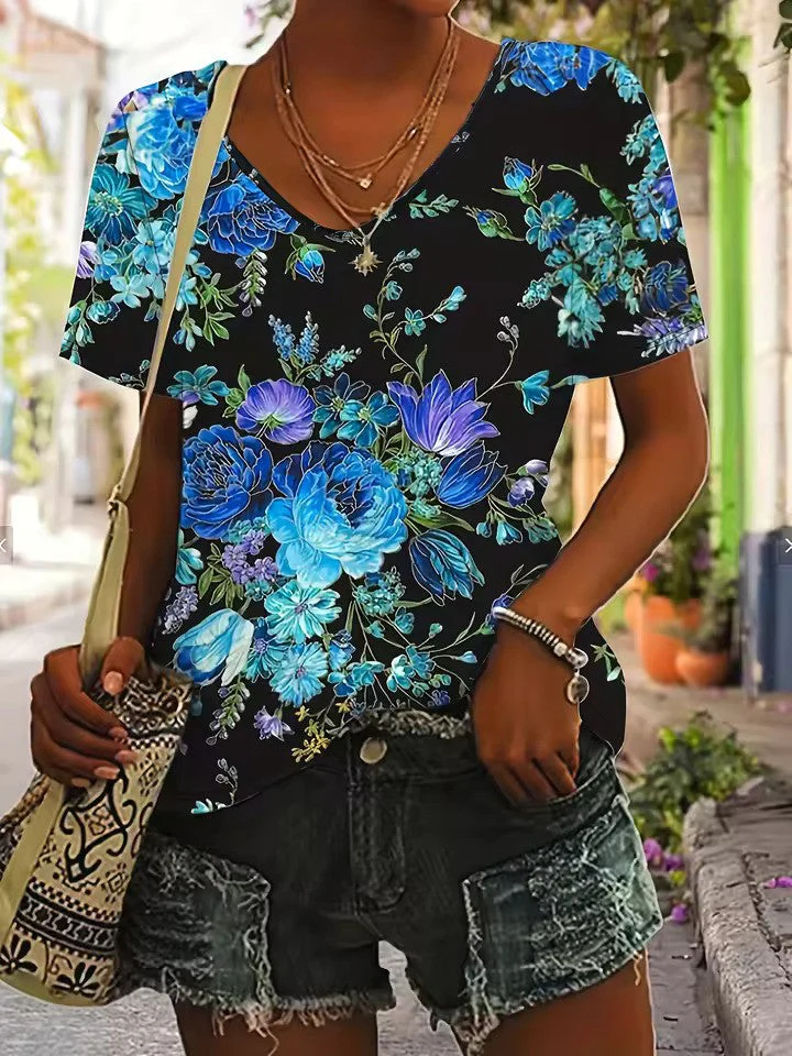Heidi-Mode | Lebhaftes Retro-T-Shirt mit V-Ausschnitt für Damen - Image 2