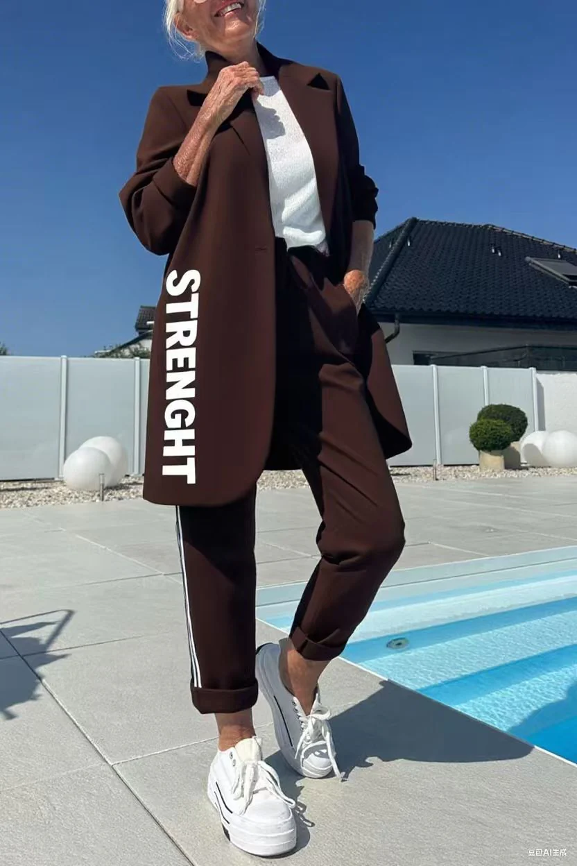 Heidi-Mode | Length Letter Printed Trenchcoat und Hose Zweiteiler Satz - Image 5
