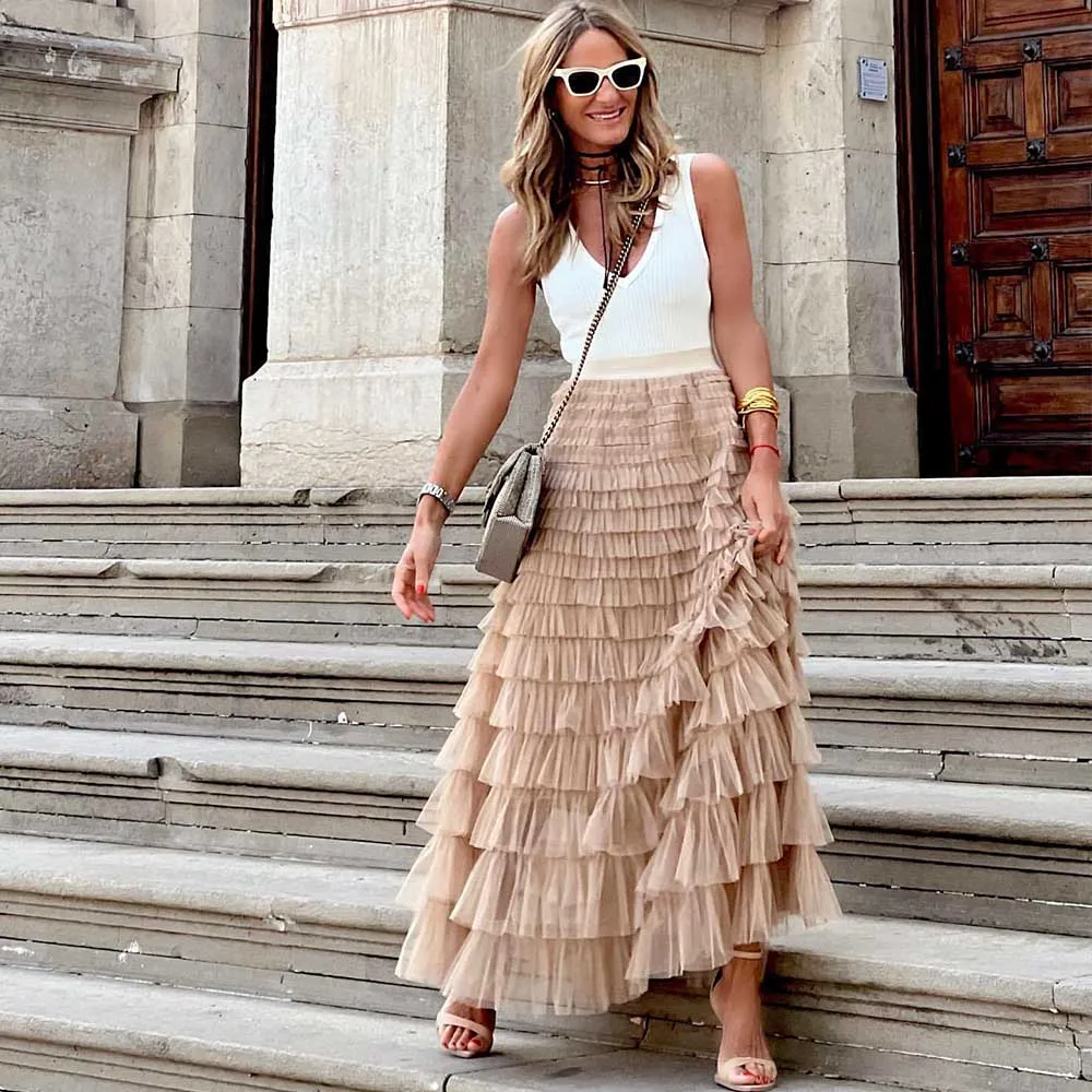 Heidi-Mode | Lässig Damen Solide Ballkleid Lange Rock Tüll Hohe Taille Plissierte Tutu Rock Elegante Damen Wildes Netz Dating Maxi Röcke Drop - Image 10