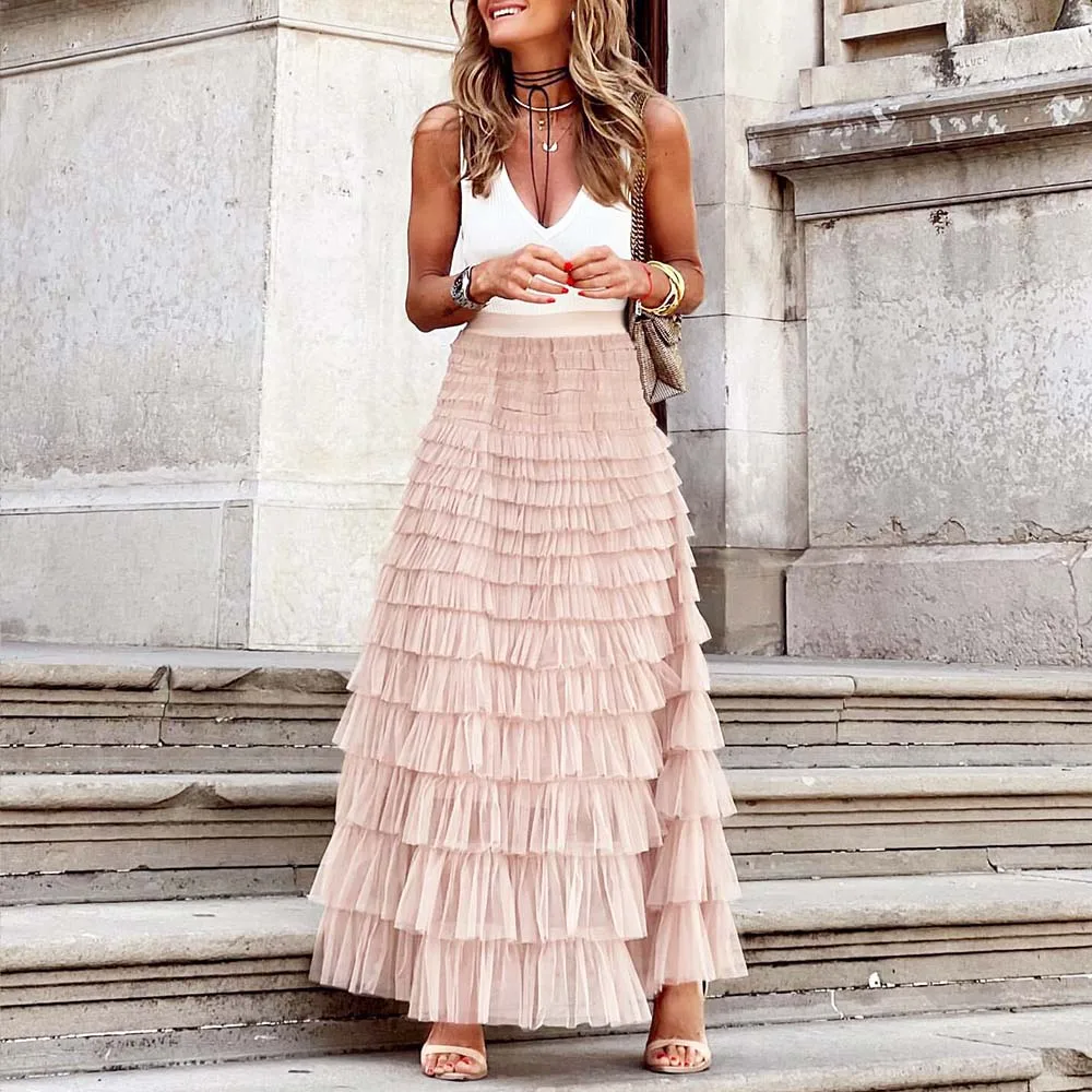 Heidi-Mode | Lässig Damen Solide Ballkleid Lange Rock Tüll Hohe Taille Plissierte Tutu Rock Elegante Damen Wildes Netz Dating Maxi Röcke Drop - Image 4