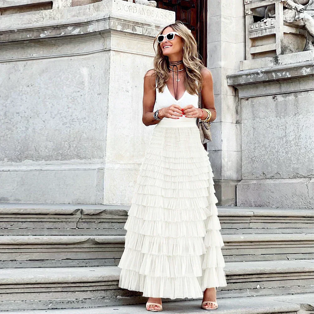 Heidi-Mode | Lässig Damen Solide Ballkleid Lange Rock Tüll Hohe Taille Plissierte Tutu Rock Elegante Damen Wildes Netz Dating Maxi Röcke Drop - Image 9