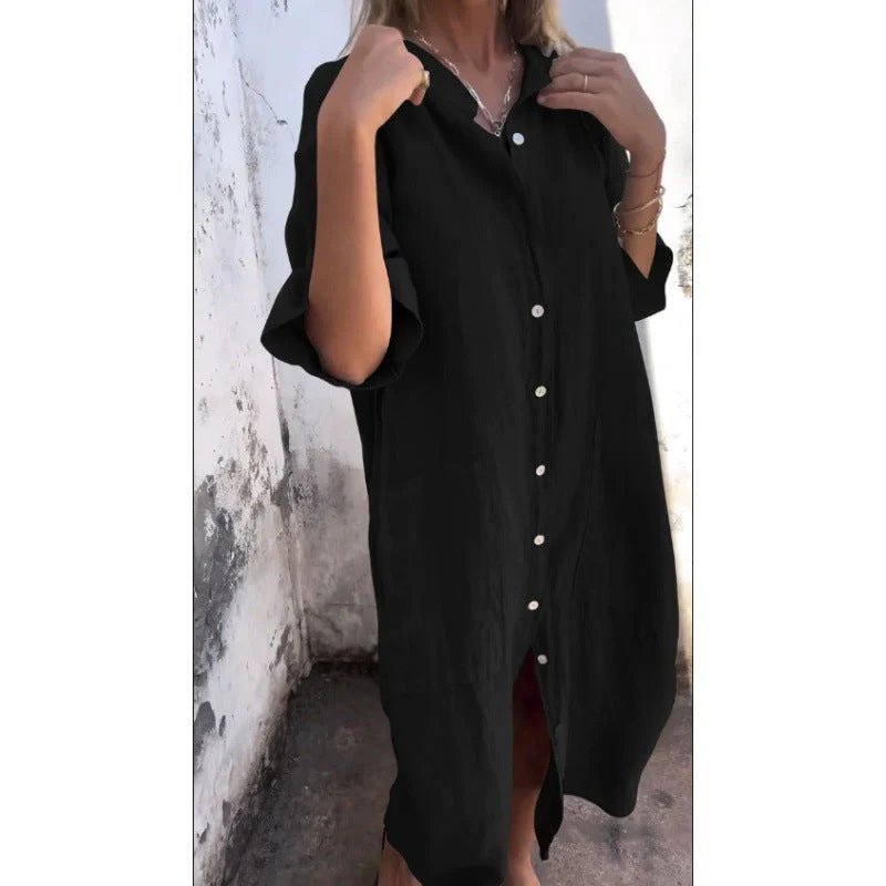 Heidi-Mode | Lockere Lässige Baumwolle-Leinen Hemdkleid mit Halben Ärmeln - Image 10
