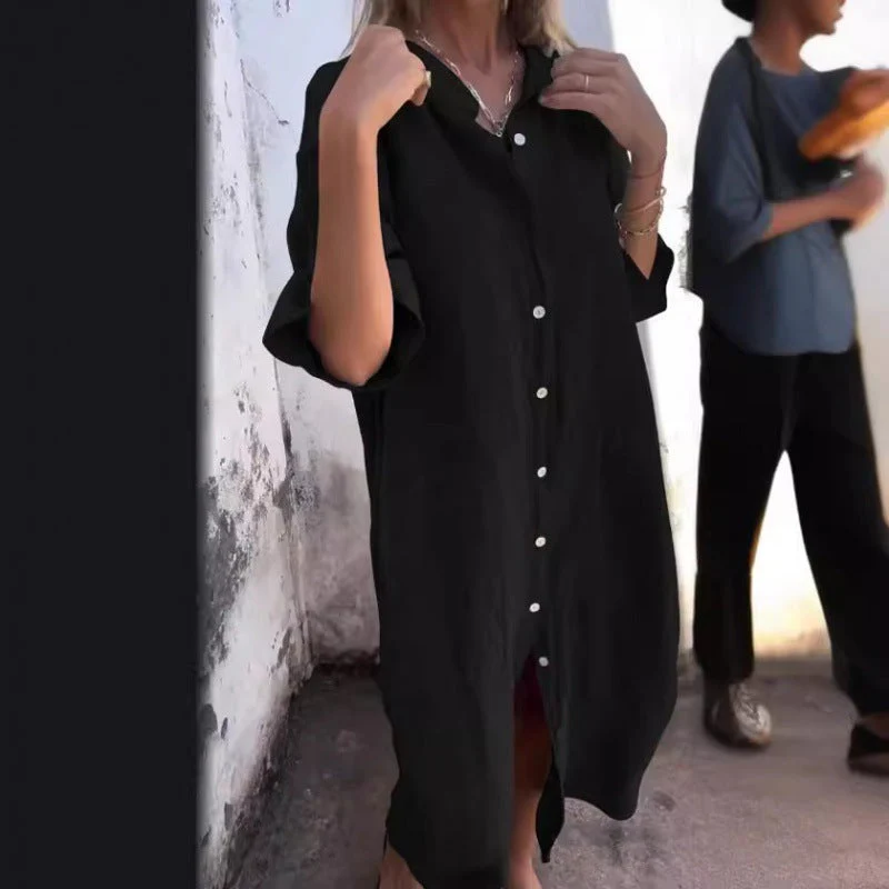 Heidi-Mode | Lockere Lässige Baumwolle-Leinen Hemdkleid mit Halben Ärmeln - Image 3