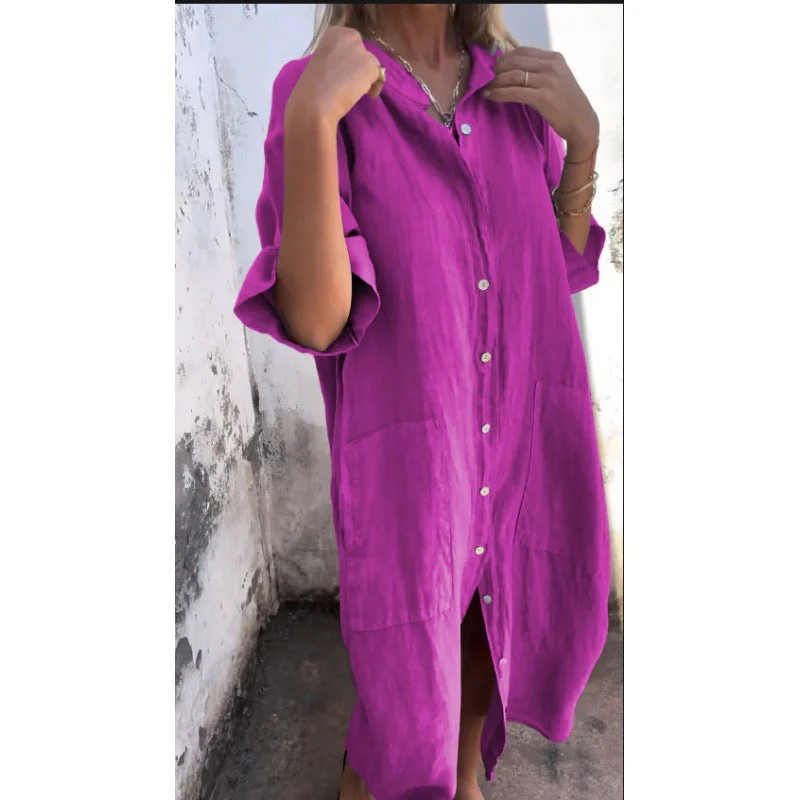 Heidi-Mode | Lockere Lässige Baumwolle-Leinen Hemdkleid mit Halben Ärmeln - Image 7